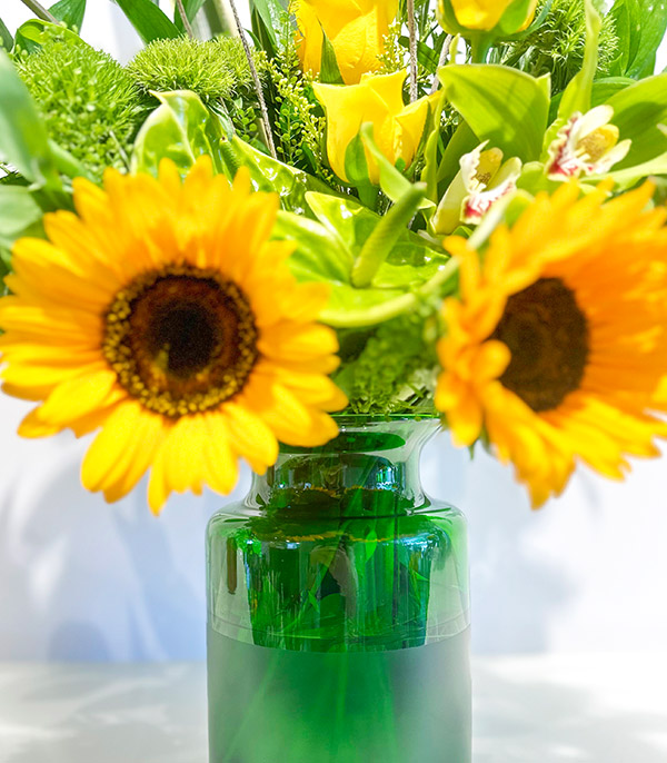 Sunny Day Green Vase in Sunflowers Yellow Flowers