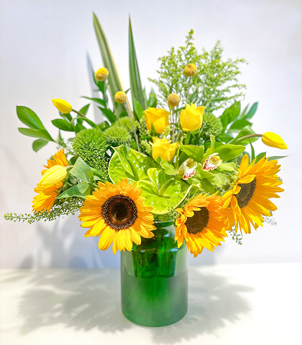 Sunny Day Green Vase in Sunflowers Yellow Flowers