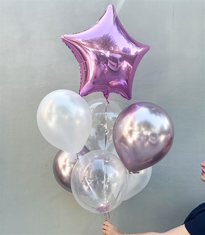 Pembe Confetili Yıldızlı 7Li Uçan Balon Seti