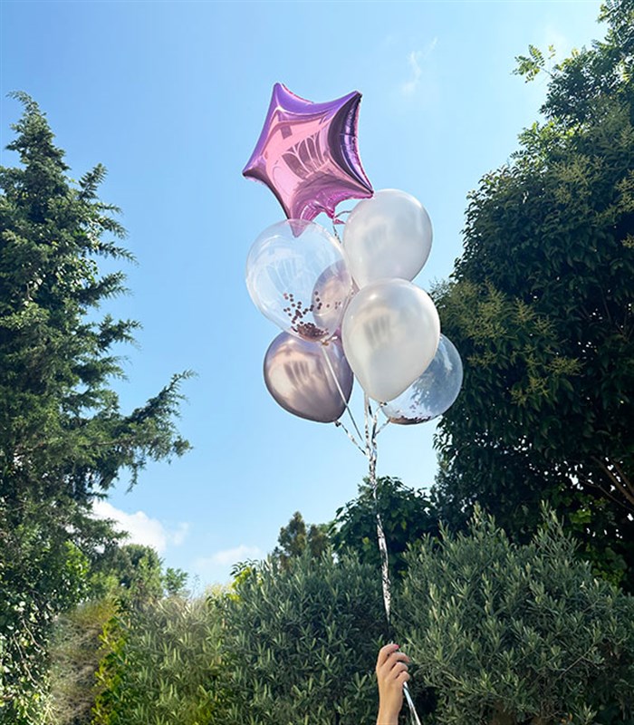 Pembe Confetili Yıldızlı 7Li Uçan Balon Seti