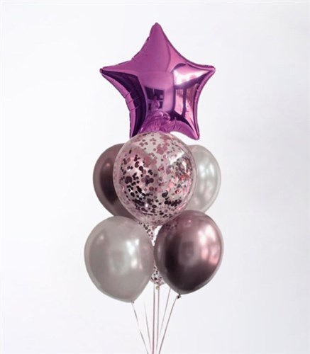 Pembe Confetili Yıldızlı 7Li Uçan Balon Seti