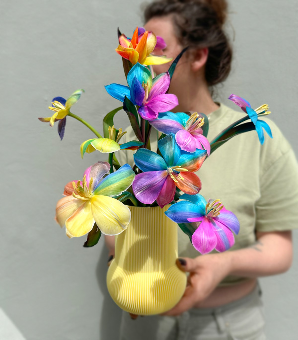 Yellow 3D Printed Vase in Rainbow Tulips