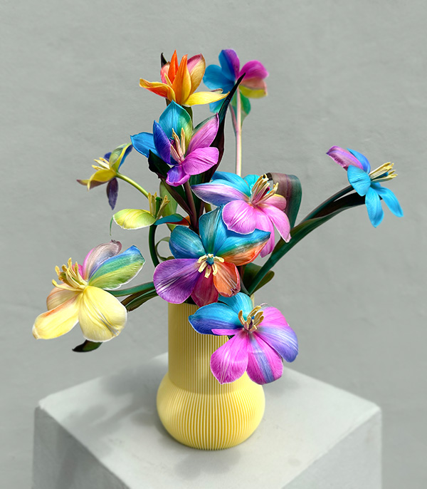 Yellow 3D Printed Vase in Rainbow Tulips