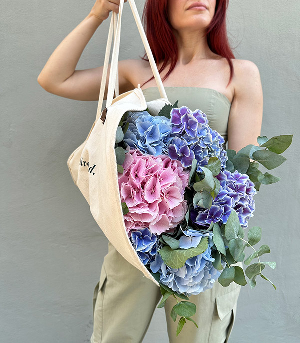 Pink Blue Hydrangea Bouquet in a Deluxe Canvas Bag