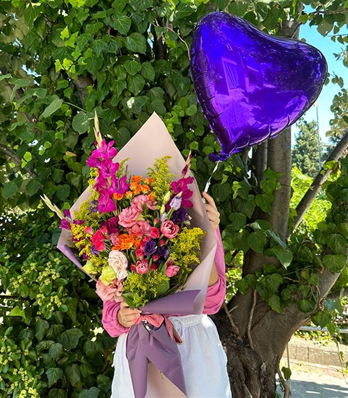 Neon Mor Uçan Kalp Balon 45 cm