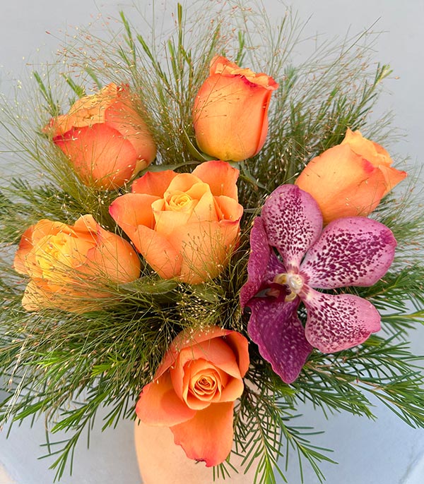 Orange Roses in Two Handled Beige Handcrafted Ceramic Vase