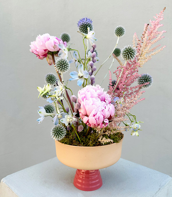 Pink Peony Arrangement in Handmade Porcelain Footed Vase