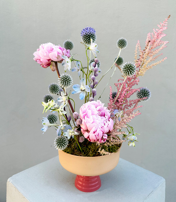 Pink Peony Arrangement in Handmade Porcelain Footed Vase