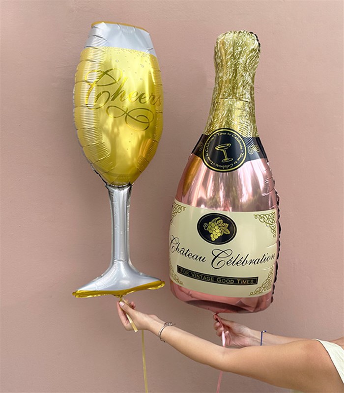 Şampanya & Cheers Kadeh Uçan Balon Seti Pembe