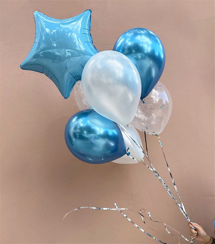 Mavi Confetili Yıldızlı Uçan Balon Seti