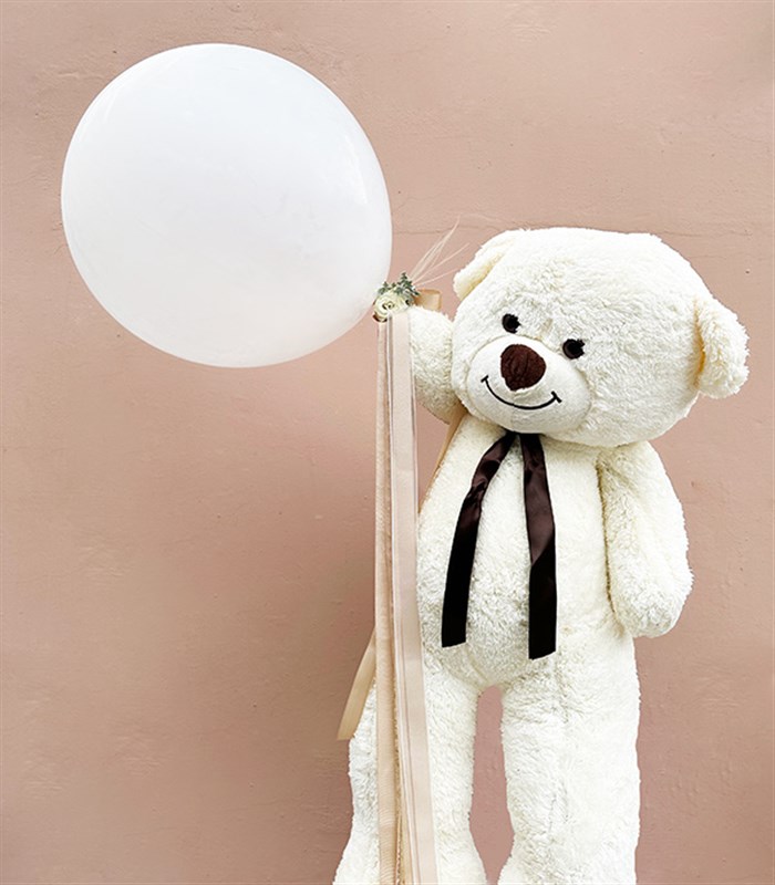 130 cm Krem Ayıcık ve Kurdeleli Süslü Uçan Balon Set