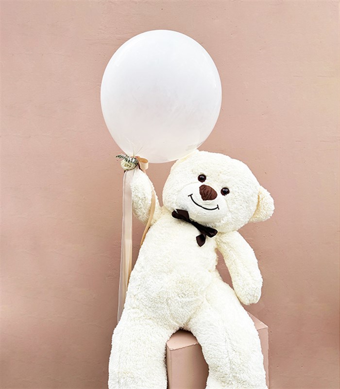 130 cm Krem Ayıcık ve Kurdeleli Süslü Uçan Balon Set