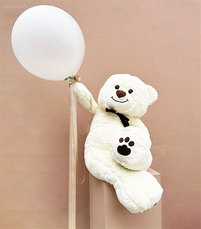 130 cm Krem Ayıcık ve Kurdeleli Süslü Uçan Balon Set