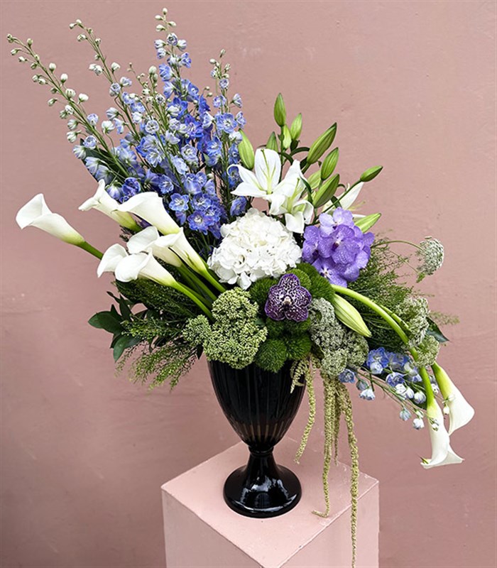 Grand Deluxe Siyah Vazoda Mavi Delfinyum Beyaz Ortanca Gala Aranjman