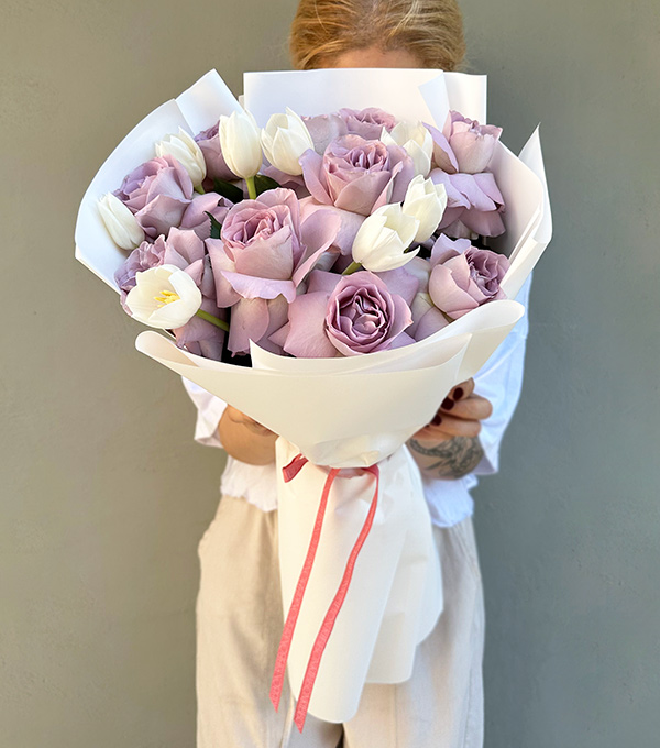Rosanna White Tulip Lilac Rose Bouquet