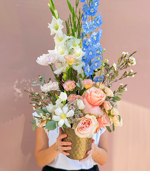 Agatha Chrome Vase in Salmon Blue Flowers
