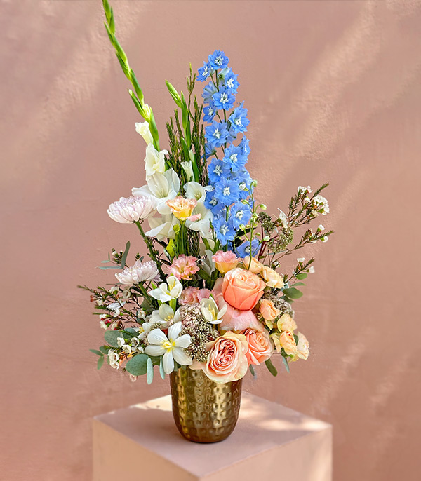 Agatha Chrome Vase in Salmon Blue Flowers