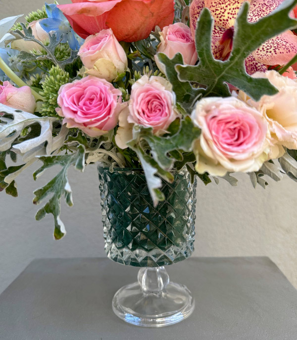 Lia Pink Salmon Flowers in Crystal Vase