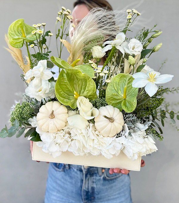 Jora Cream Leather Box in White Flowers Autumn Arrangement