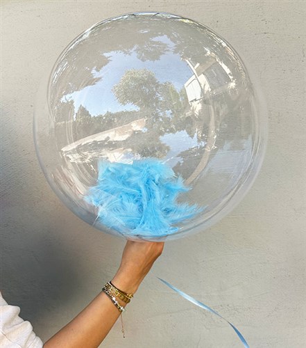 Mavi Tüylü Şeffaf Uçan Balon 40 cm