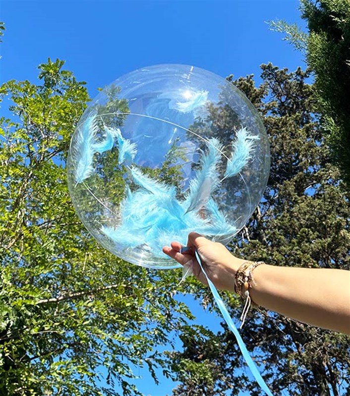 Mavi Tüylü Şeffaf Uçan Balon 40 cm