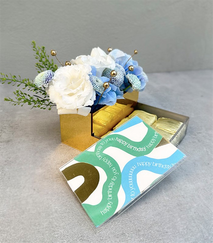 Happy Birthday Mavi Beyaz Çiçekli Mini Çikolata