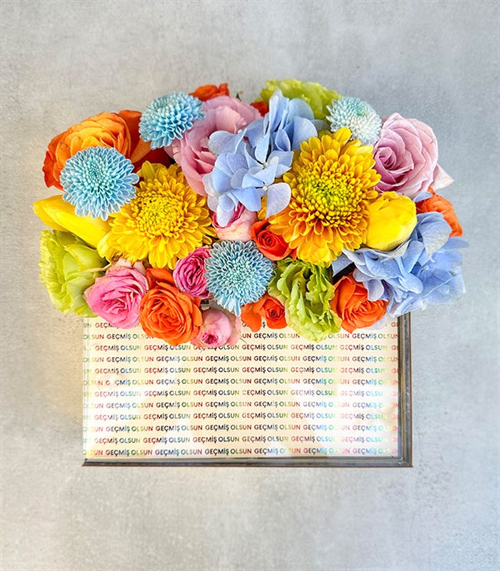 Geçmiş Olsun Rengarenk Çiçek Çikolata Hediye Kutusu