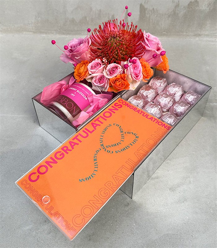 Tebrikler Turuncu Pembe Mum Çikolata Çiçek Hediye Kutusu