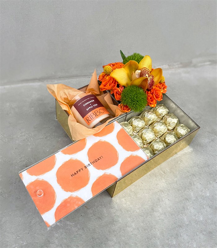 Happy Birthday Turuncu Mum Çikolata Hediye Kutusu