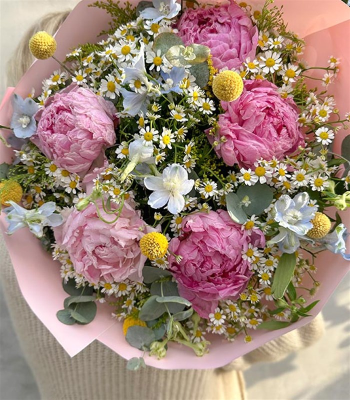 Miss You Papatyalı Pembe Şakayık Buketi