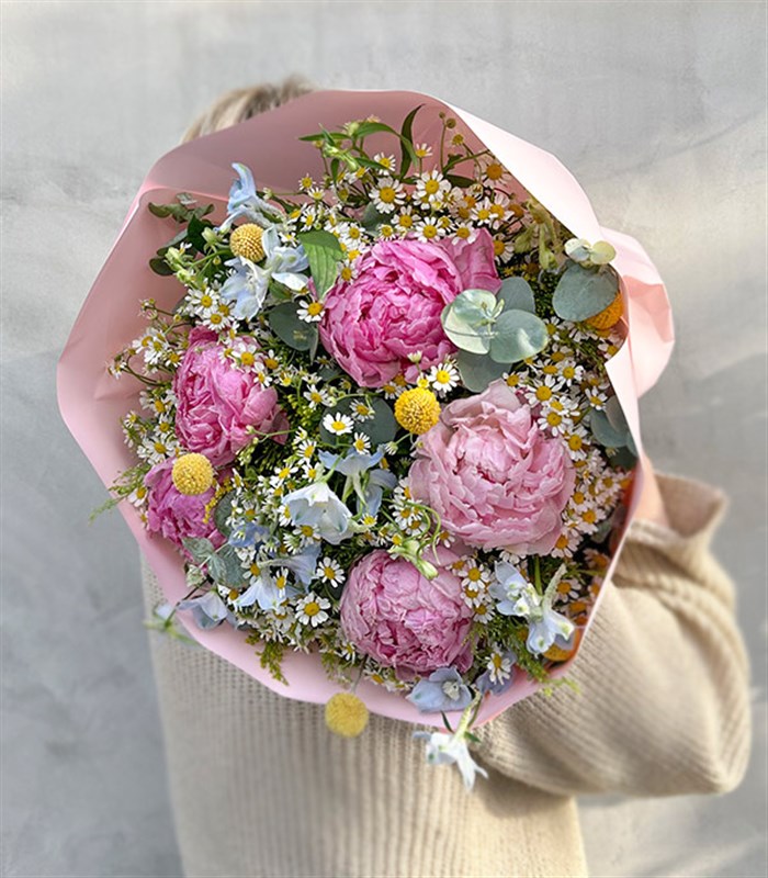 Miss You Papatyalı Pembe Şakayık Buketi