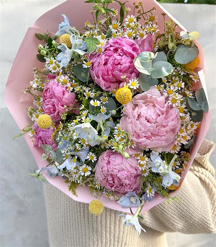 Miss You Papatyalı Pembe Şakayık Buketi