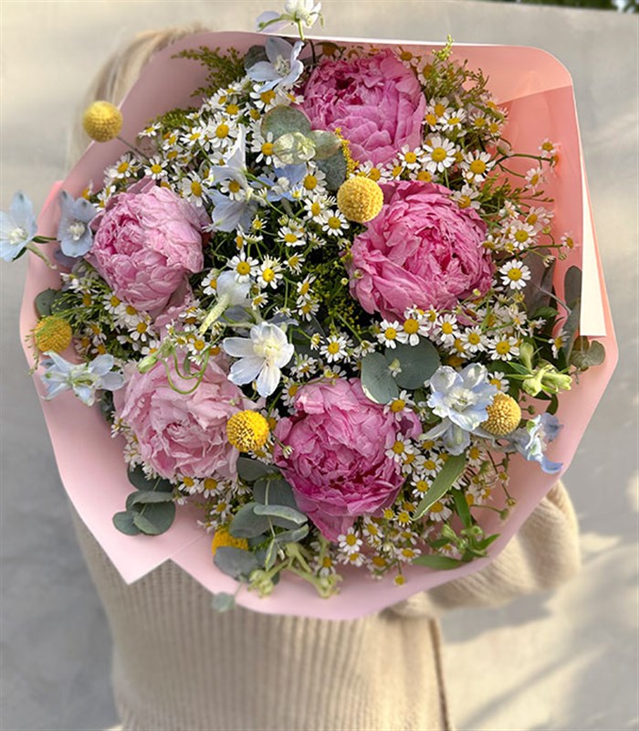 Miss You Papatyalı Pembe Şakayık Buketi