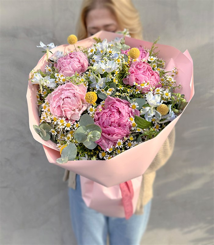 Miss You Papatyalı Pembe Şakayık Buketi