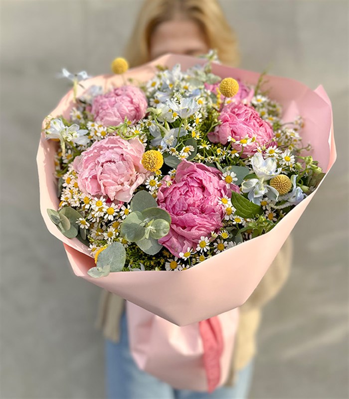 Miss You Papatyalı Pembe Şakayık Buketi