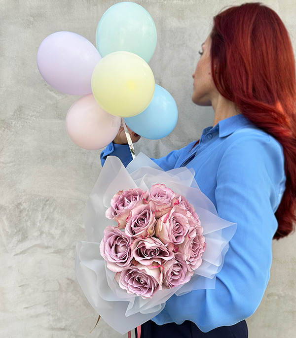Lila Happy Birthday Pasta Balon Çiçek Doğum Günü Tebriği Seti