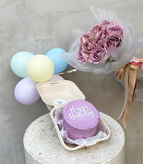 Lila Happy Birthday Pasta Balon Çiçek Doğum Günü Tebriği Seti