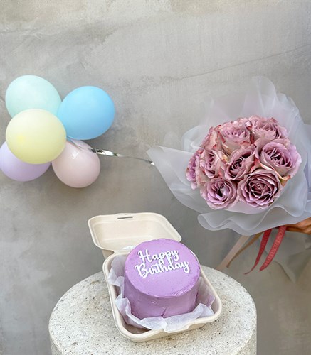 Lilac Happy Birthday Cake Balloon Flower Birthday Greeting Set