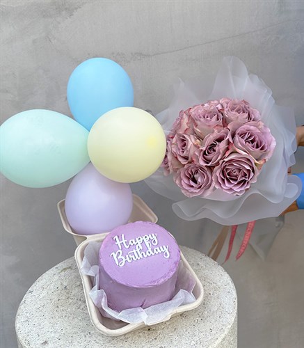Lilac Happy Birthday Cake Balloon Flower Birthday Greeting Set