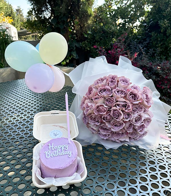 Deluxe Lila Happy Birthday Pasta Balon 40 Gül Doğum Günü Tebriği Seti