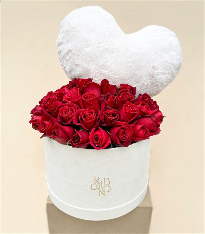 Heart Plush Padded 41 Red Roses in Box Grand Cream