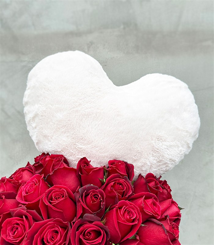 Heart Plush Padded 41 Red Roses in Box Grand Cream