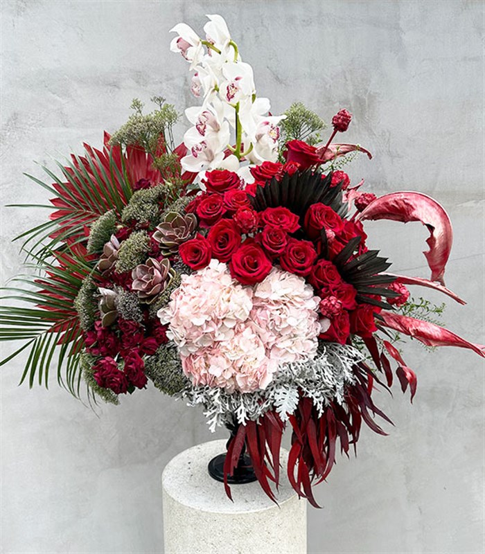 Davina Grand Deluxe Kırmızı Gül Pembe Ortanca Orkide Aranjmanı