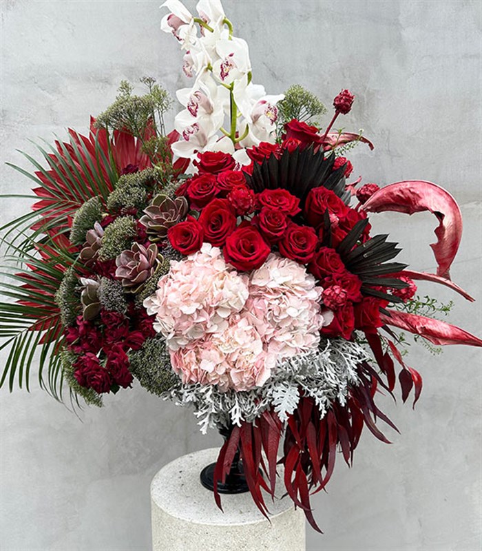 Davina Grand Deluxe Kırmızı Gül Pembe Ortanca Orkide Aranjmanı