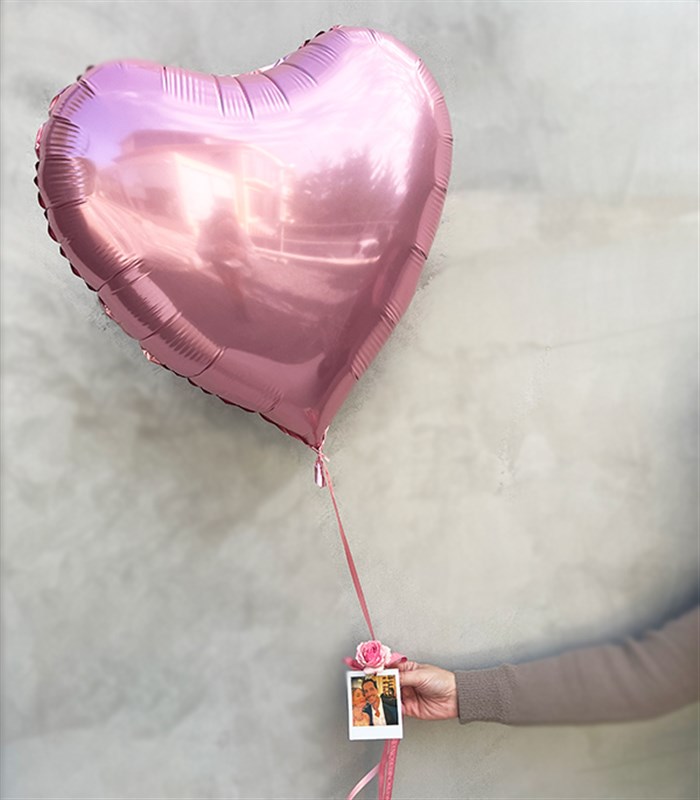 Kişiye Özel Instax Polaroid Fotoğraflı Pembe Uçan Kalp Balon 60 cm