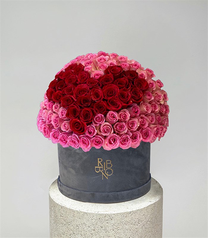 151 Red Heart Rose Gray Royal Deluxe Box Arrangement