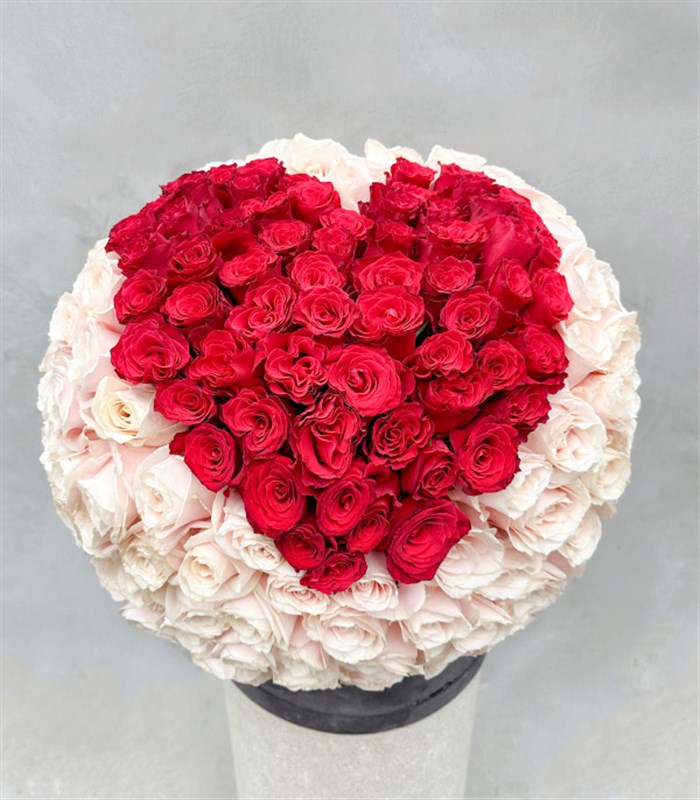 151 Red Heart Rose Gray Royal Deluxe Box Arrangement