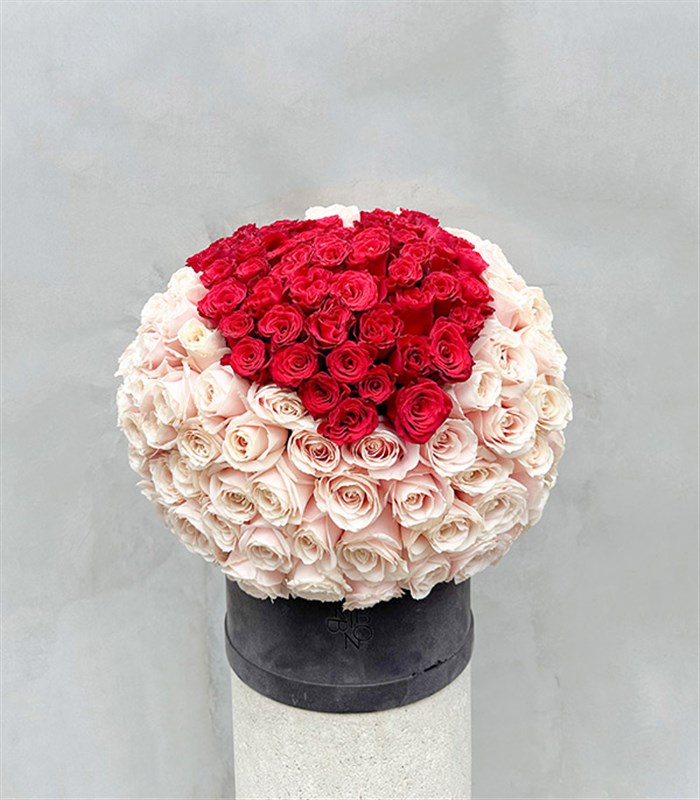 151 Red Heart Rose Gray Royal Deluxe Box Arrangement