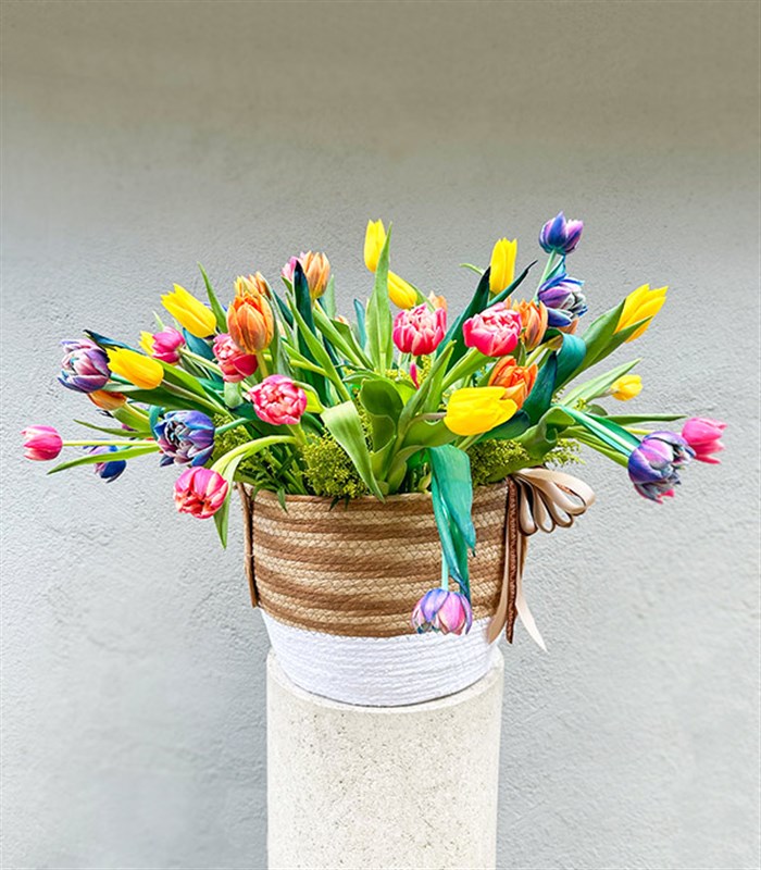 Sepette 60Lı Galaksi Lale Pembe Turuncu Sarı Laleler Aranjmanı