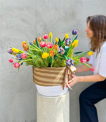 60 Tulips Bouquet in Basket